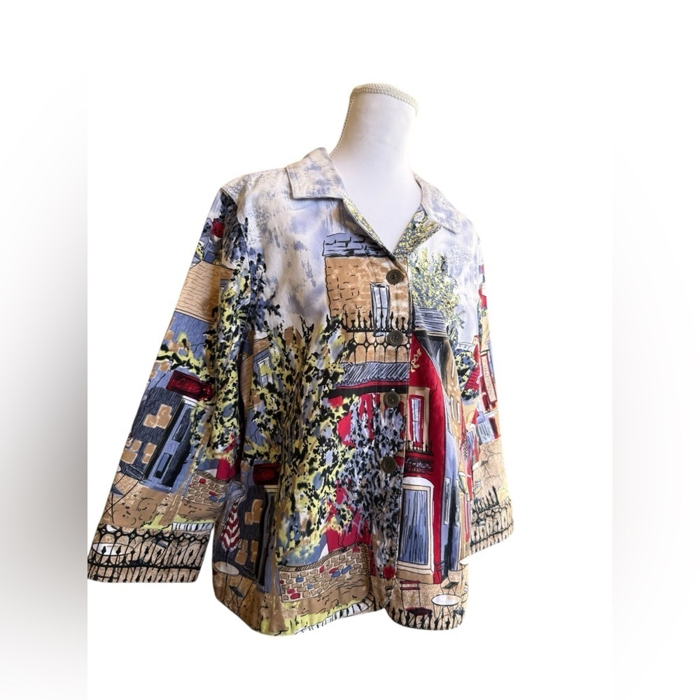 Christopher & Banks Scenic Print Button Front Jacket Parisian Café Art Style L - Picture 2 of 12